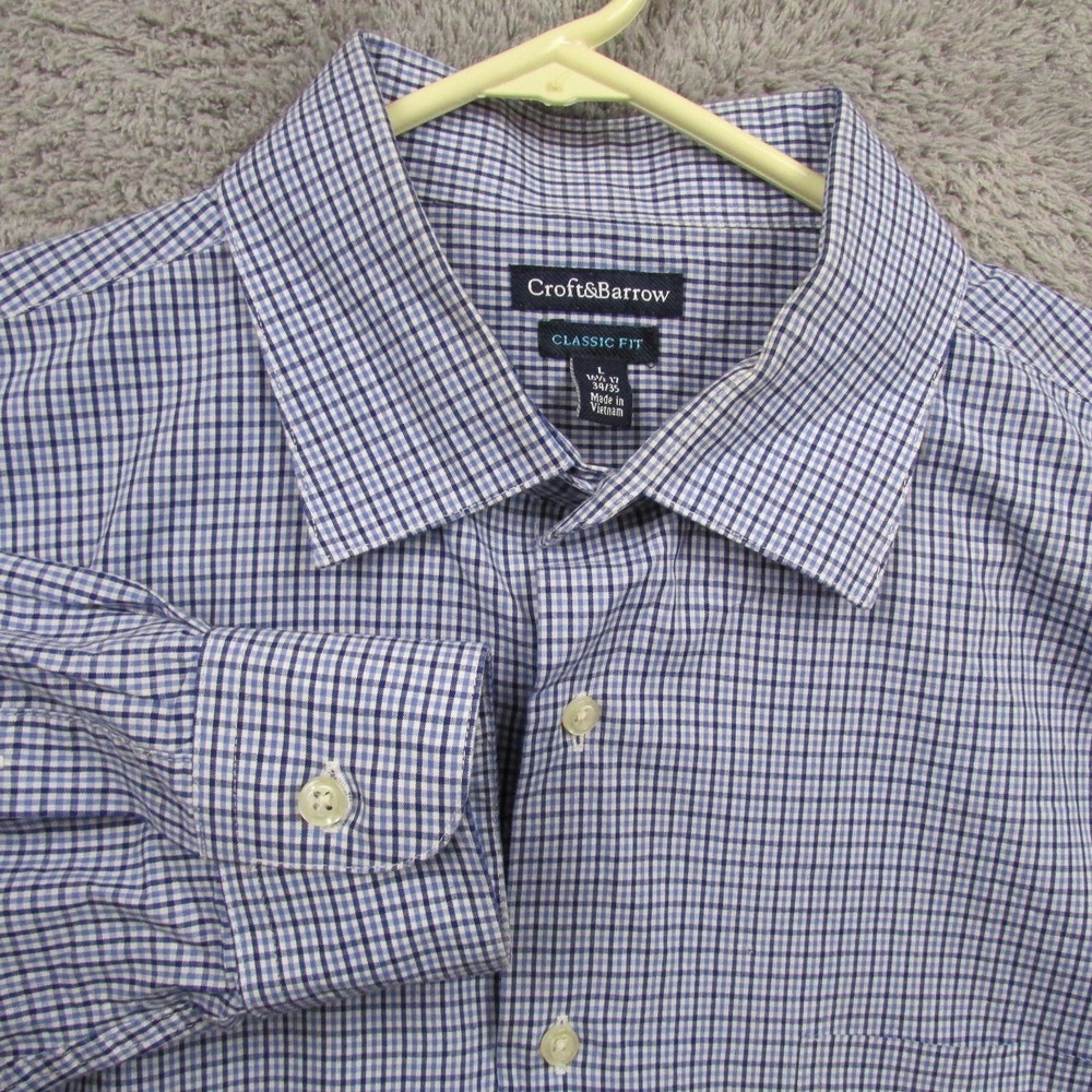Croft & Barrow Shirt Mens Large 16.5-17 34/35 Blue Gingham Classic‎ Long Sleeve